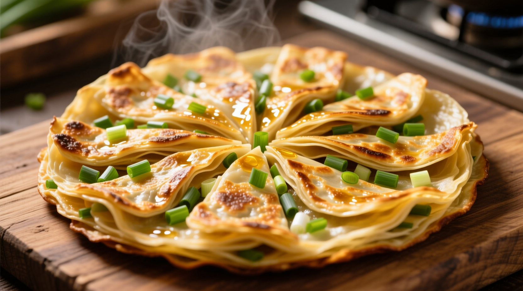 Golden spring onion pancakes with visible flaky layers