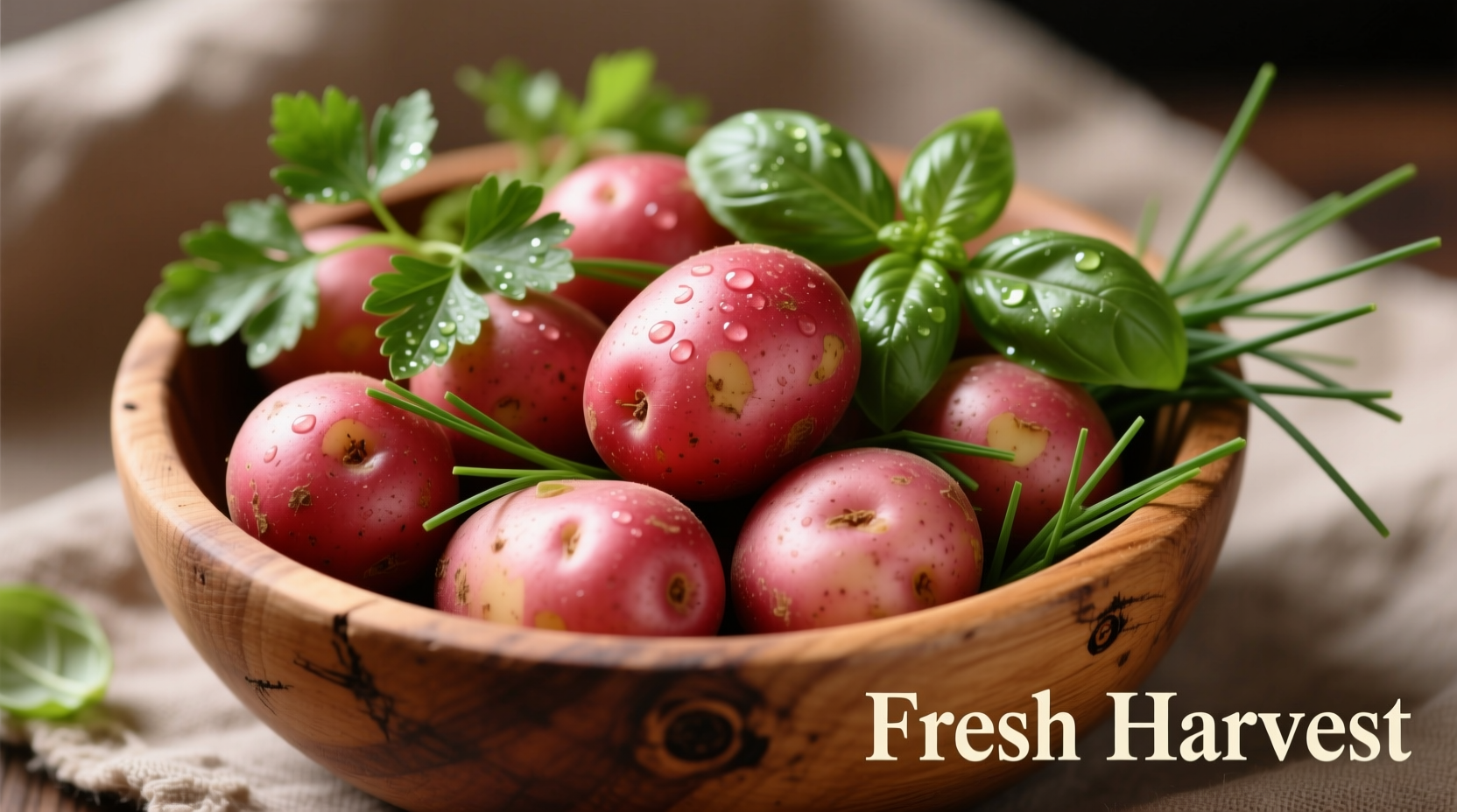 Small red potatoes in a wooden bowl with fresh herbs