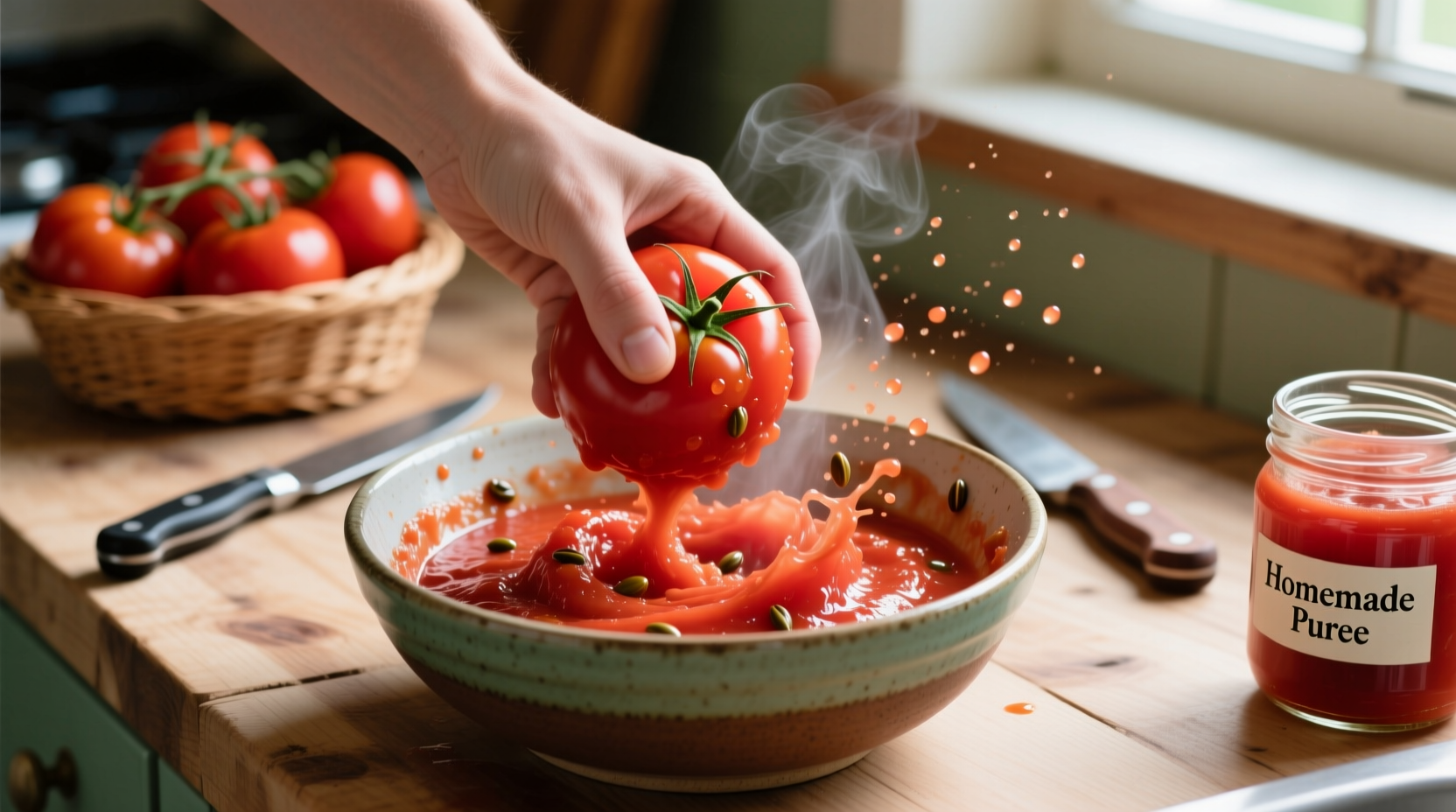 Fresh tomatoes being processed for homemade puree