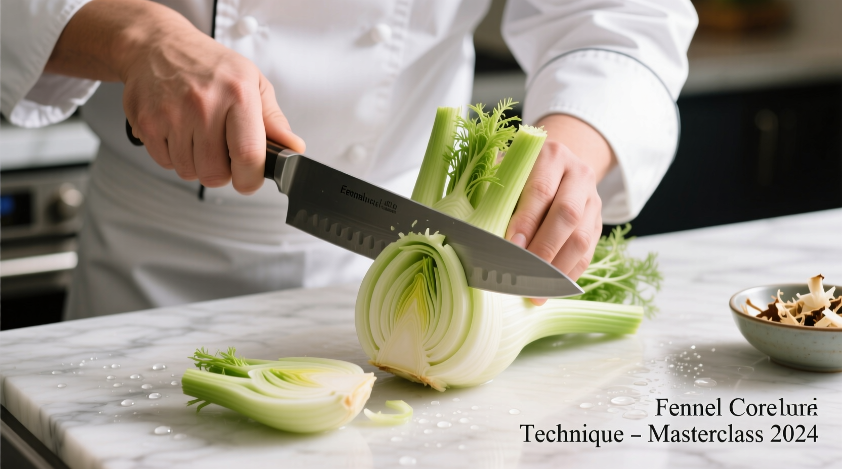 Chef demonstrating fennel coring technique with knife