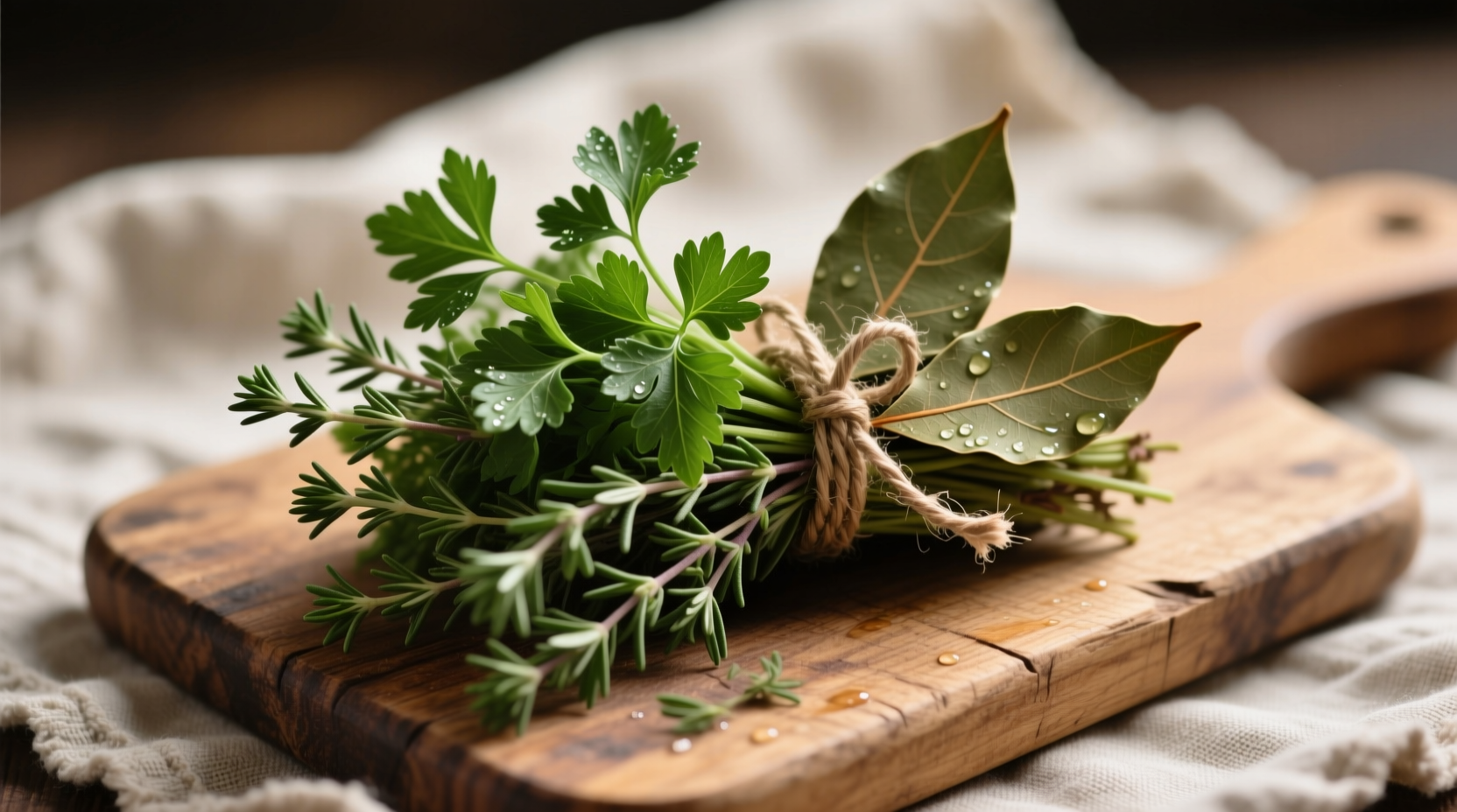 Traditional bouquet garni bundle with parsley thyme and bay leaf