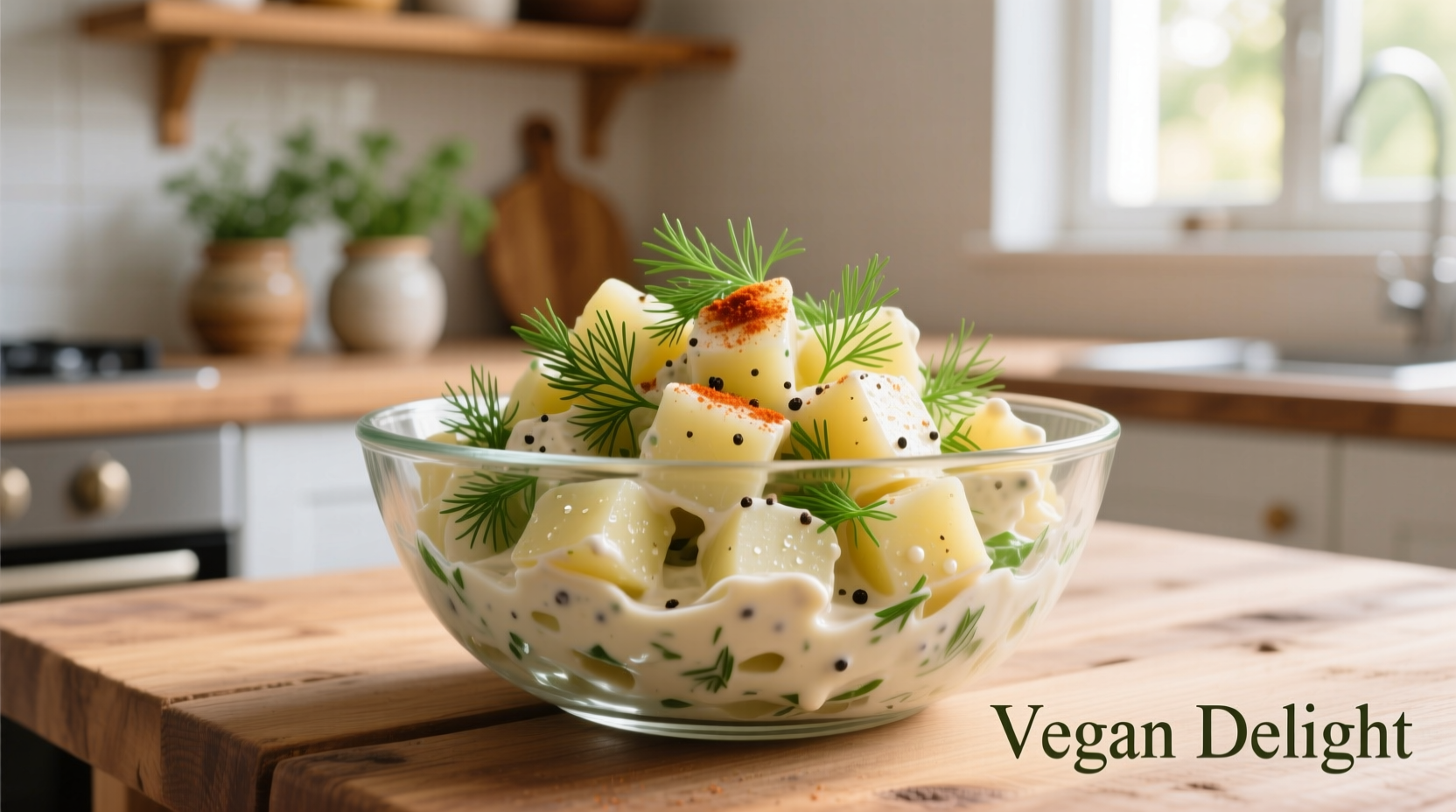 Creamy vegan potato salad in glass bowl with fresh dill garnish