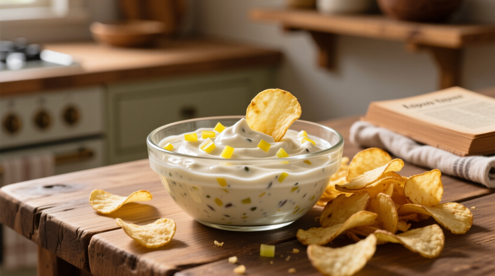 Creamy Lipton onion dip in glass bowl with potato chips