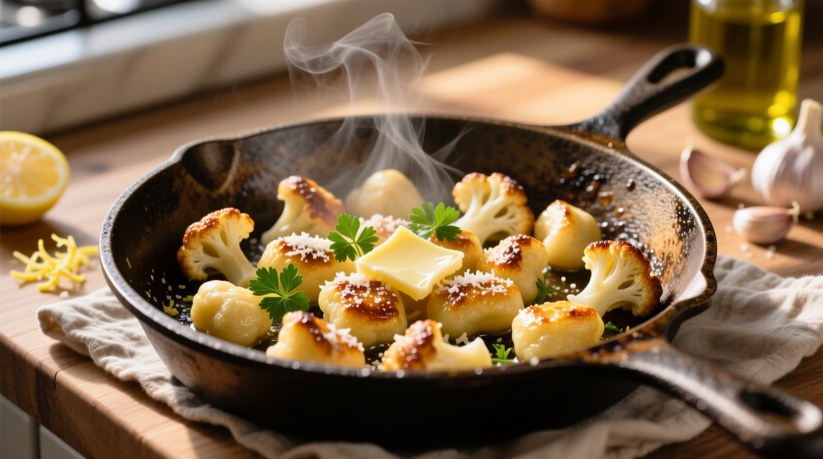 Cauliflower gnocchi sizzling in a cast iron skillet