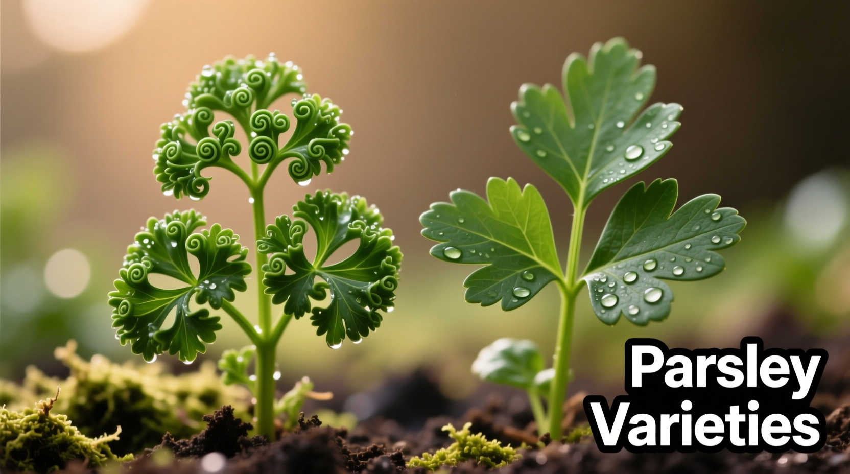 Close-up of curly and flat-leaf parsley side by side