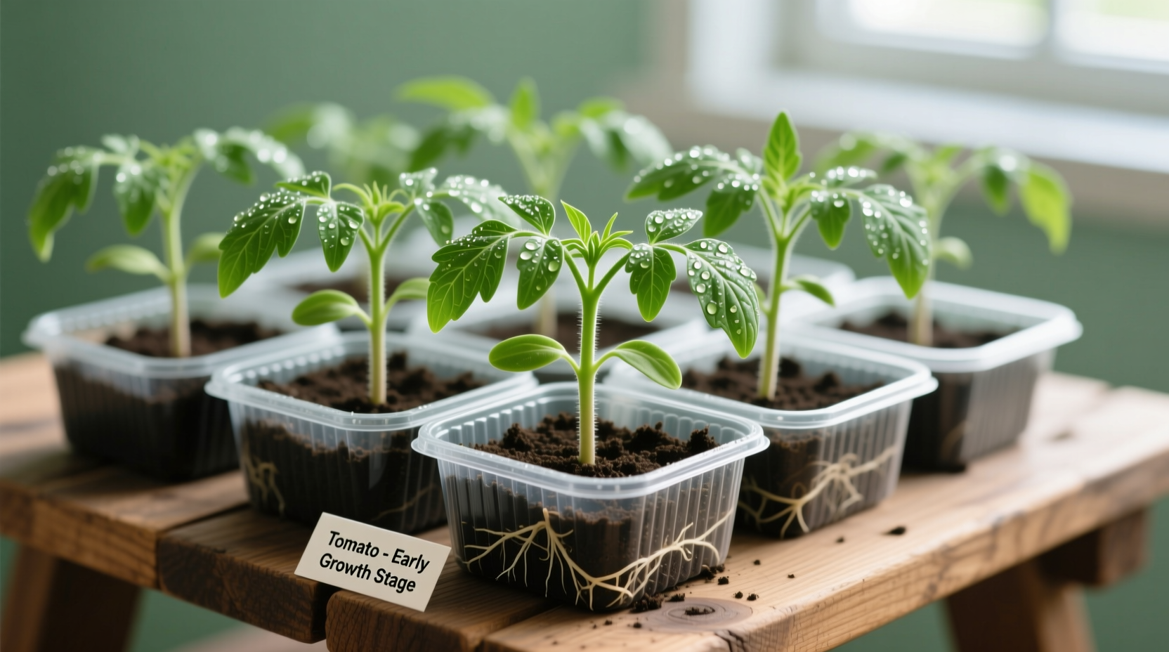 Healthy tomato seedlings in starter trays with proper lighting