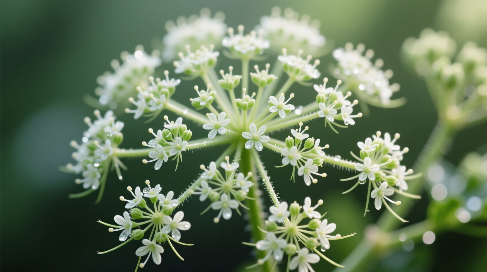 Close-up of parsley family umbel flower structure
