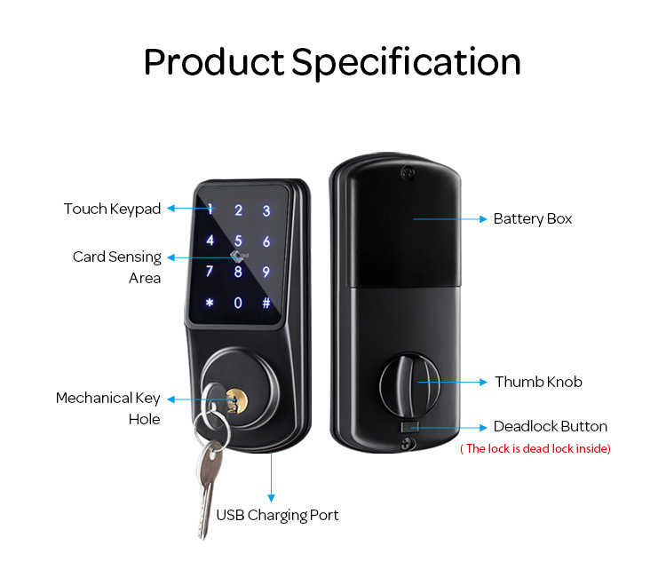 Keyless Electric Card Code Combination Electronic Deadbolt Door Lock with Tuya Smart Life APP