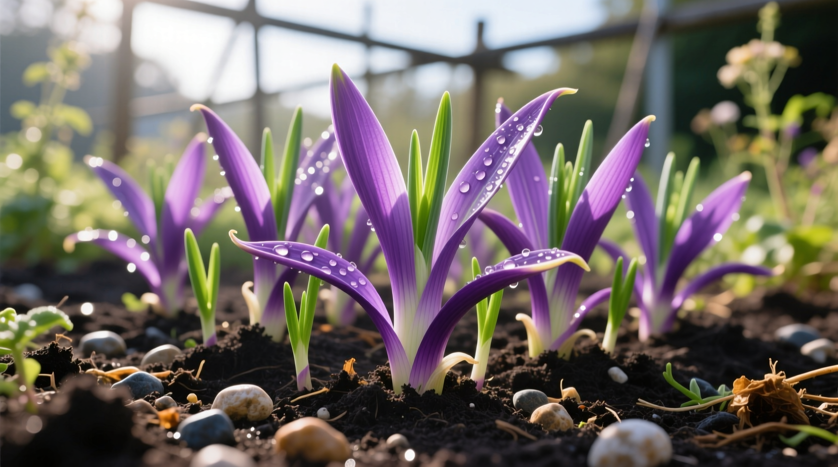 Purple Onion Greensprings growing in garden soil