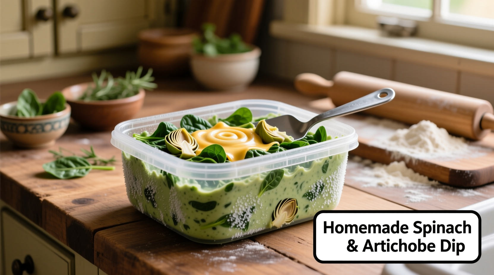 Homemade spinach and artichoke dip in freezer container