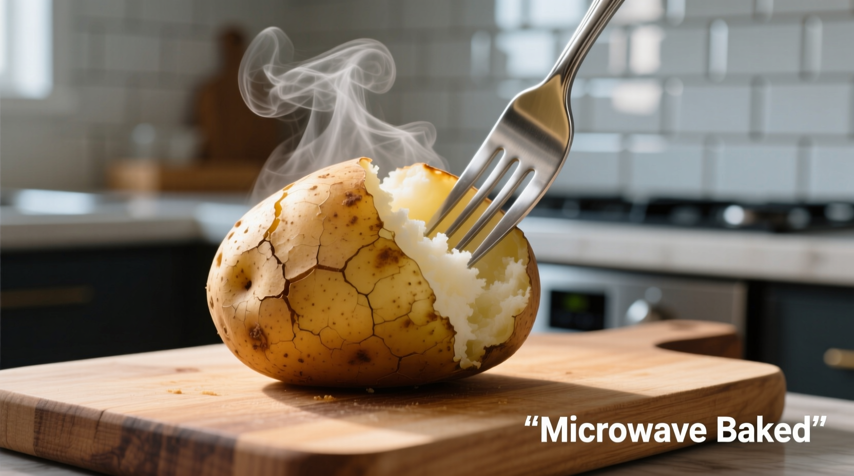 Microwave baked potato with fork showing fluffy interior