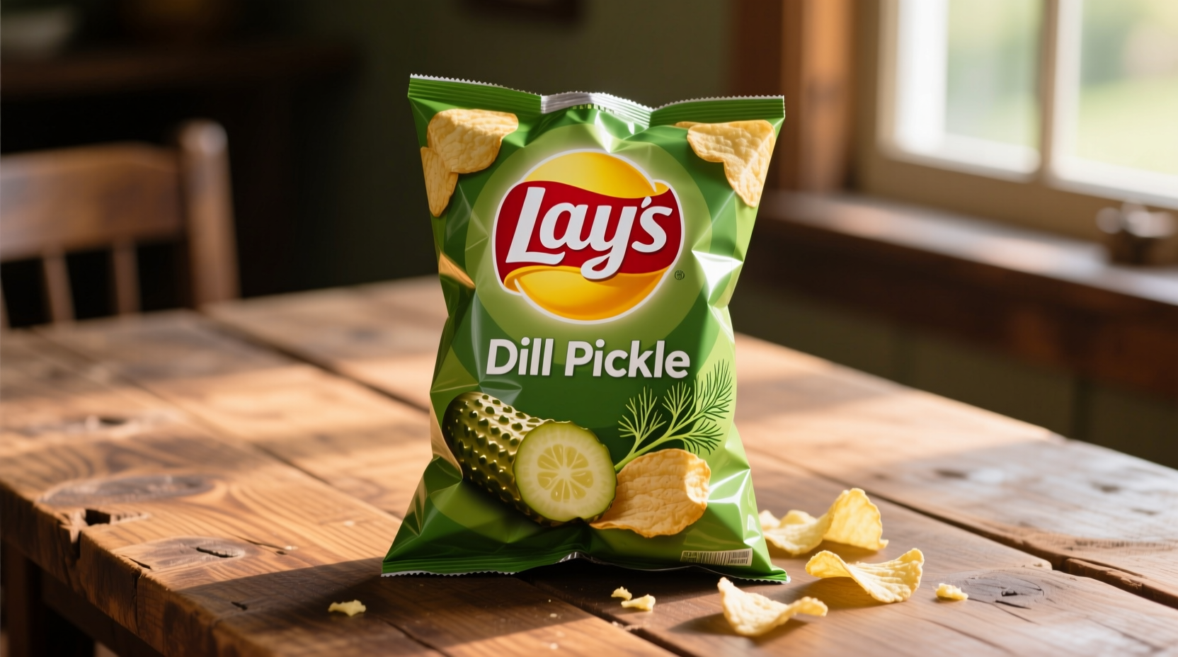 Lay's Dill Pickle potato chips bag on wooden table
