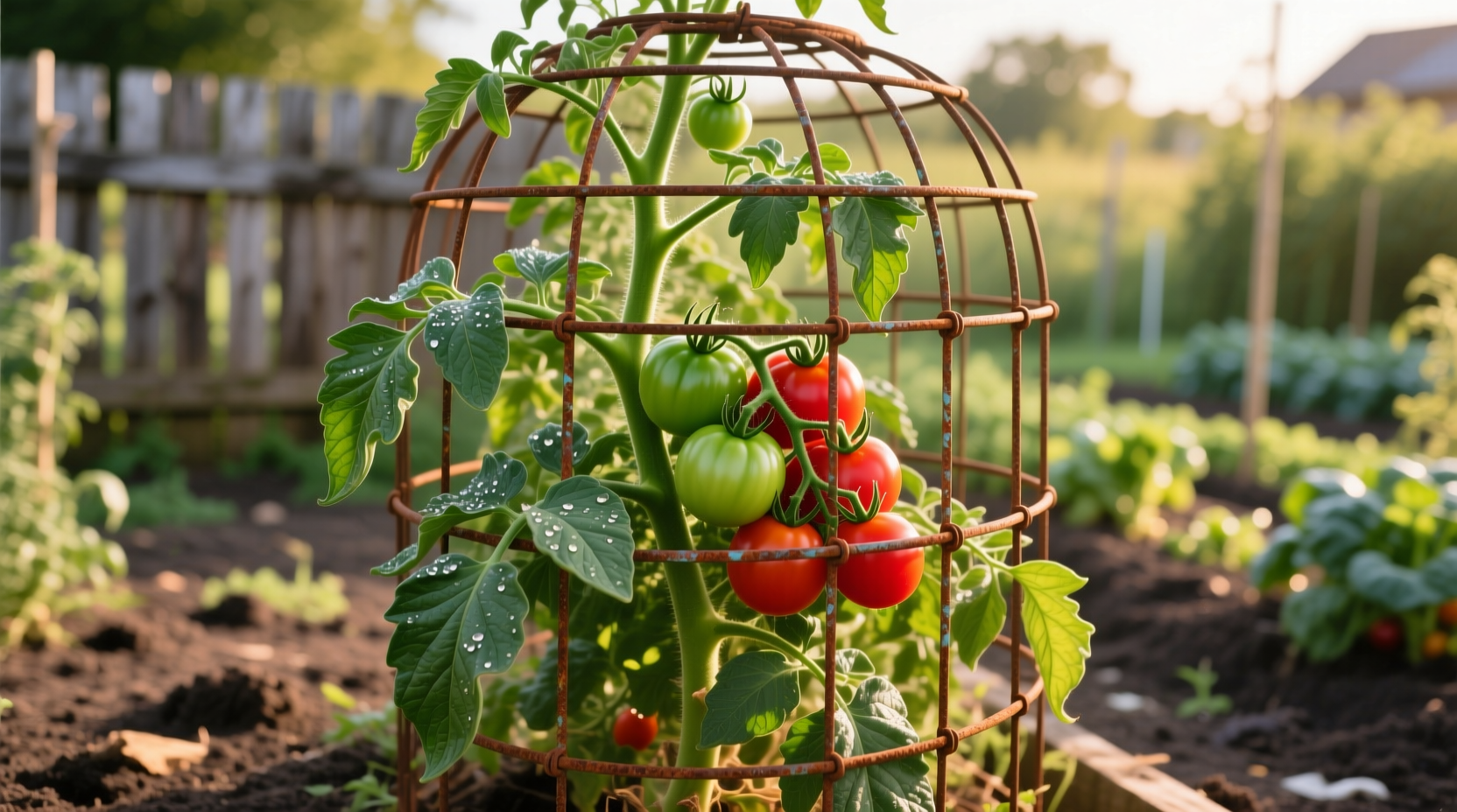 Tomato plants growing in sturdy wire cages in a garden