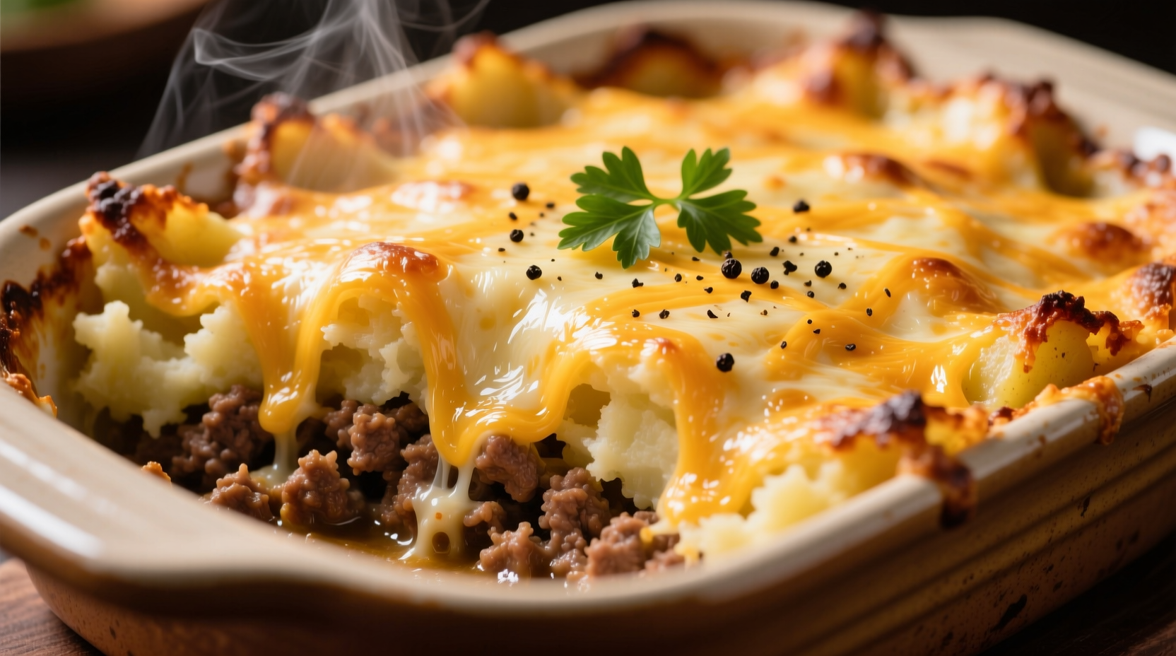 Golden baked ground beef and potato casserole with melted cheese topping