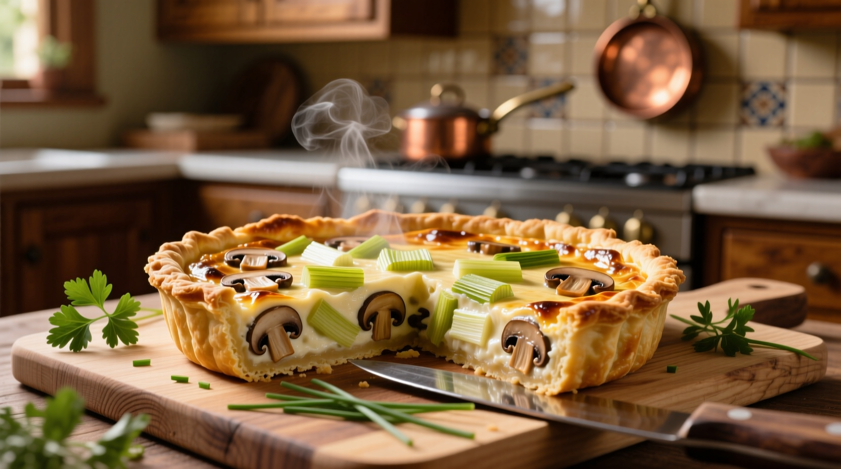 Perfectly baked mushroom leek quiche with golden crust