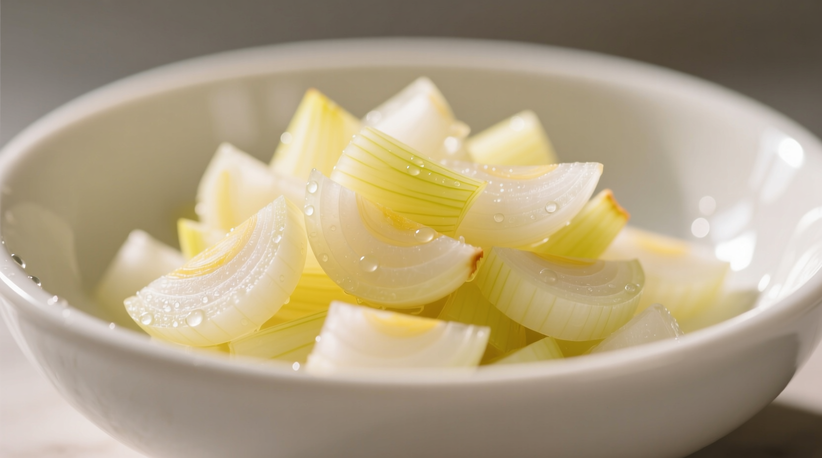 Perfectly fine chopped yellow onions in a white bowl