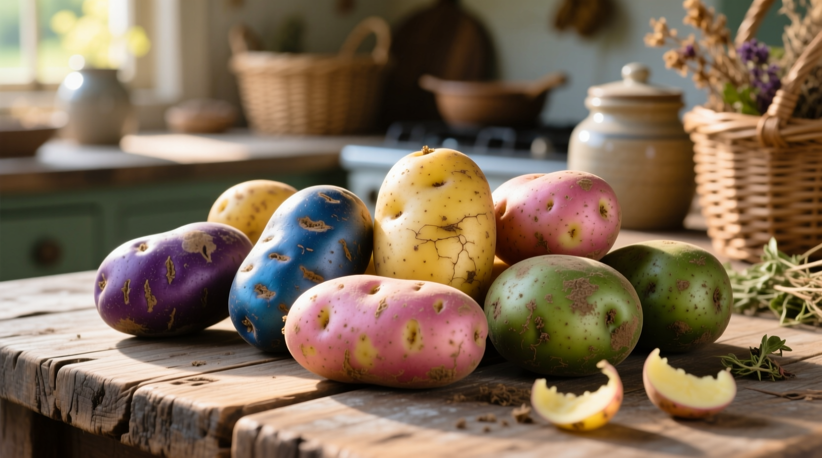Variety of colorful heirloom potatoes on wooden table