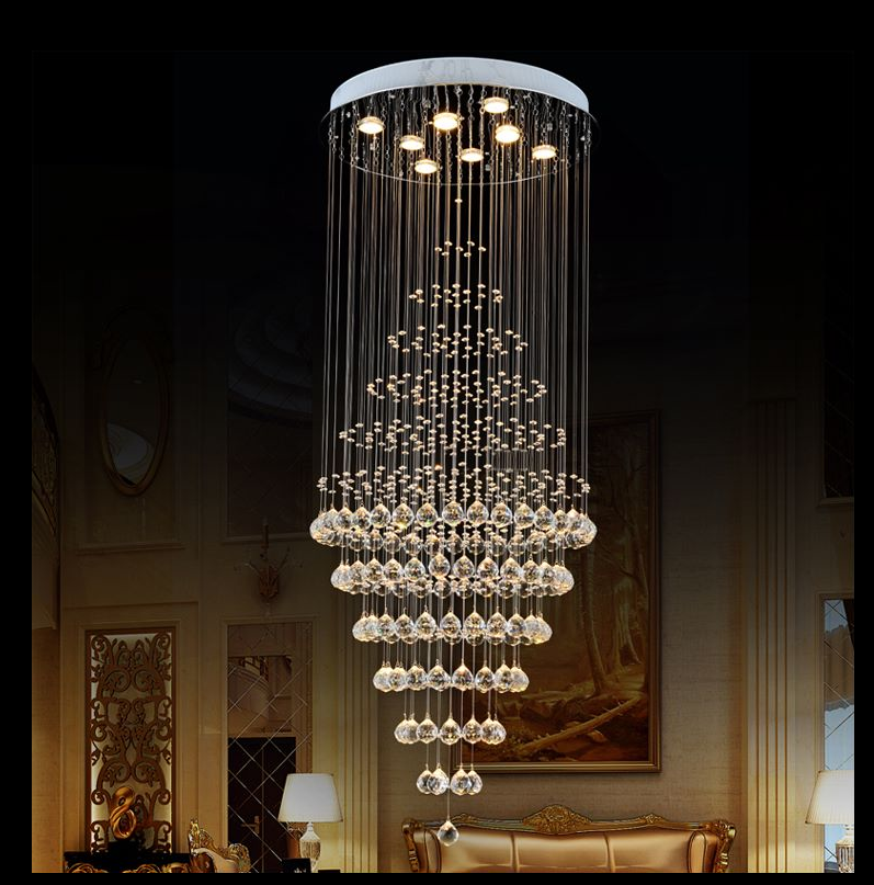 Modern long staircase lighting fixture luxury fiber optic spiral raindrop crystal ceiling chandeliers and lamps