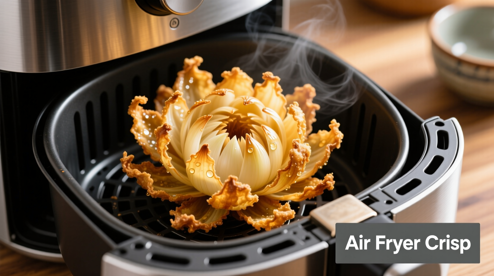 Crispy golden blooming onion in air fryer basket