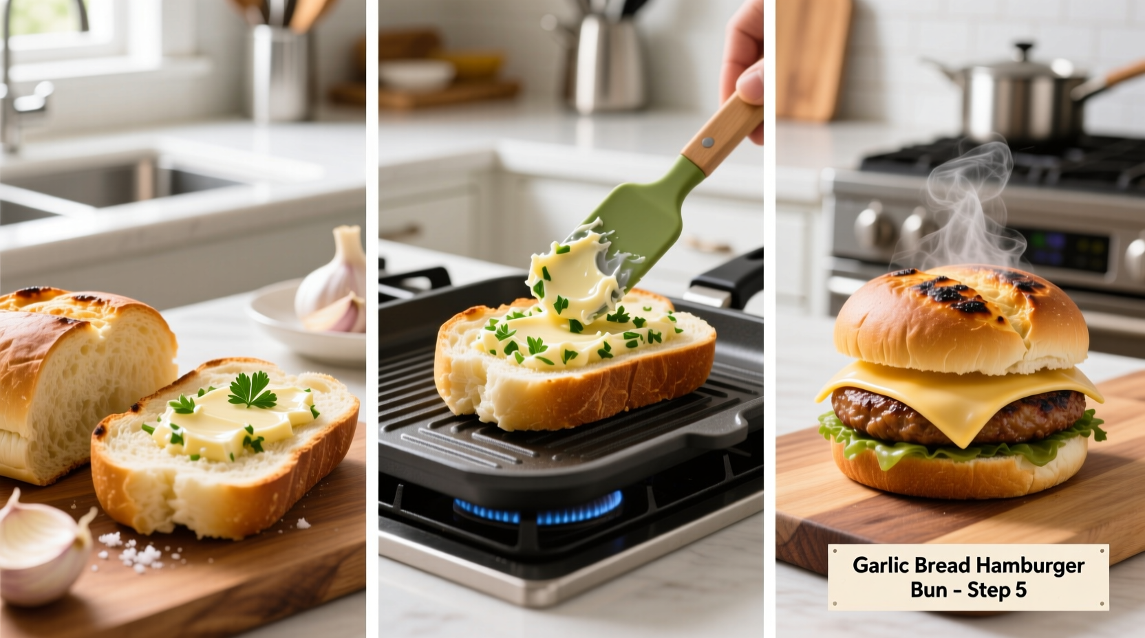 Garlic bread hamburger bun preparation steps
