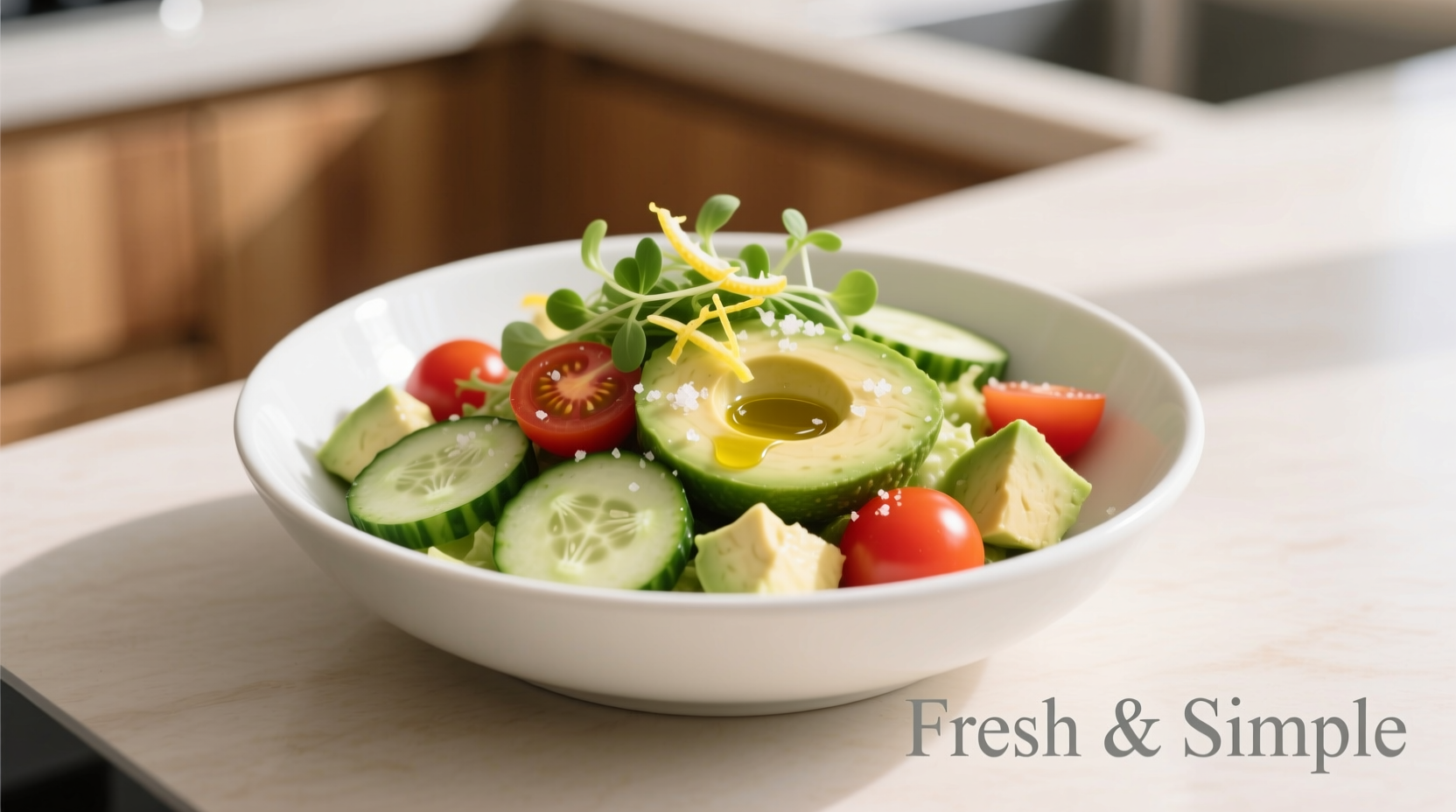 Fresh cucumber avocado tomato salad in white bowl