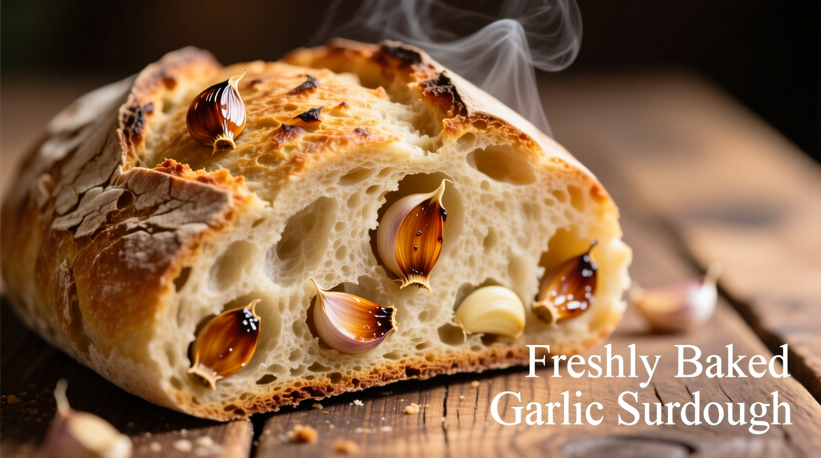 Freshly baked garlic sourdough bread with visible roasted garlic pieces