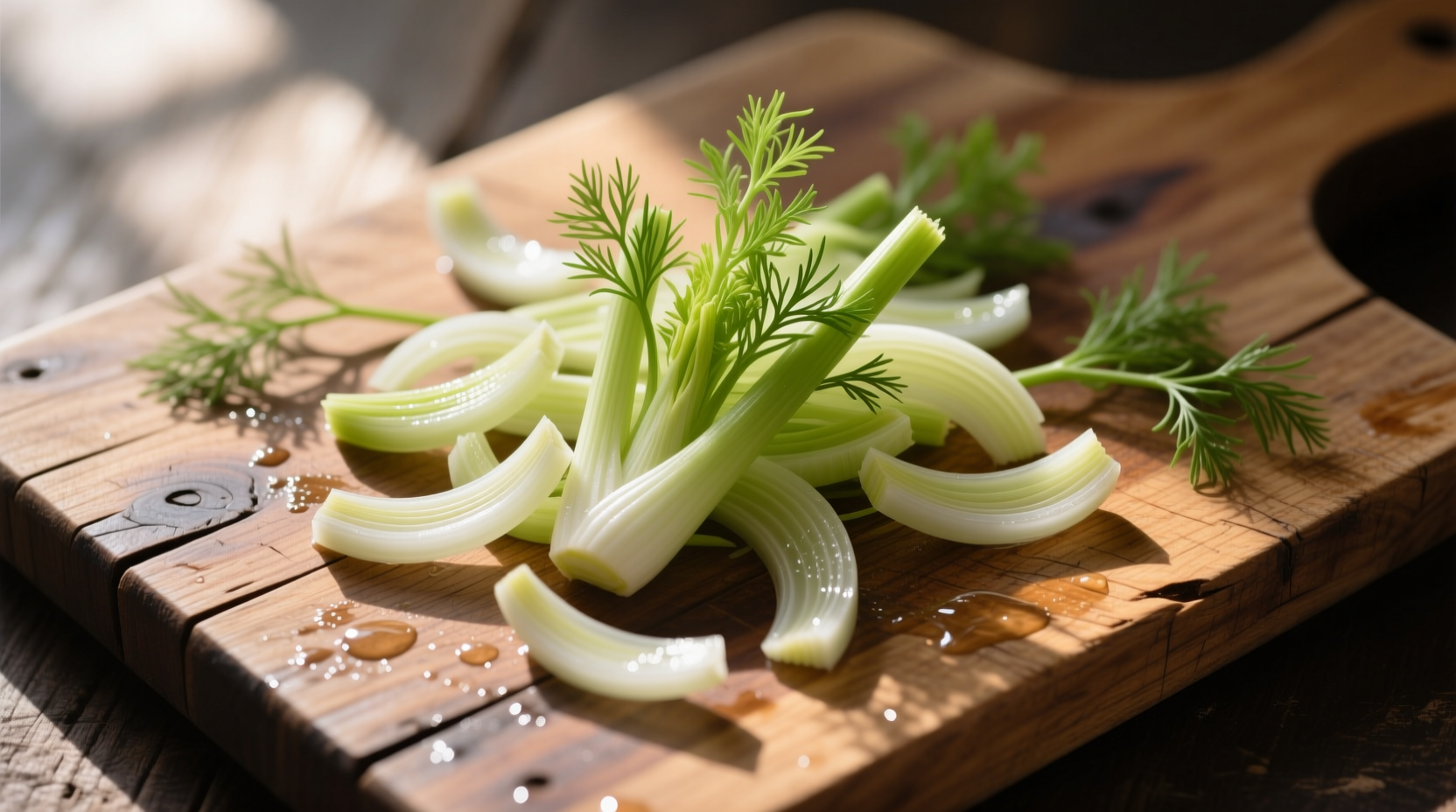Thinly shaved fennel on wooden cutting board