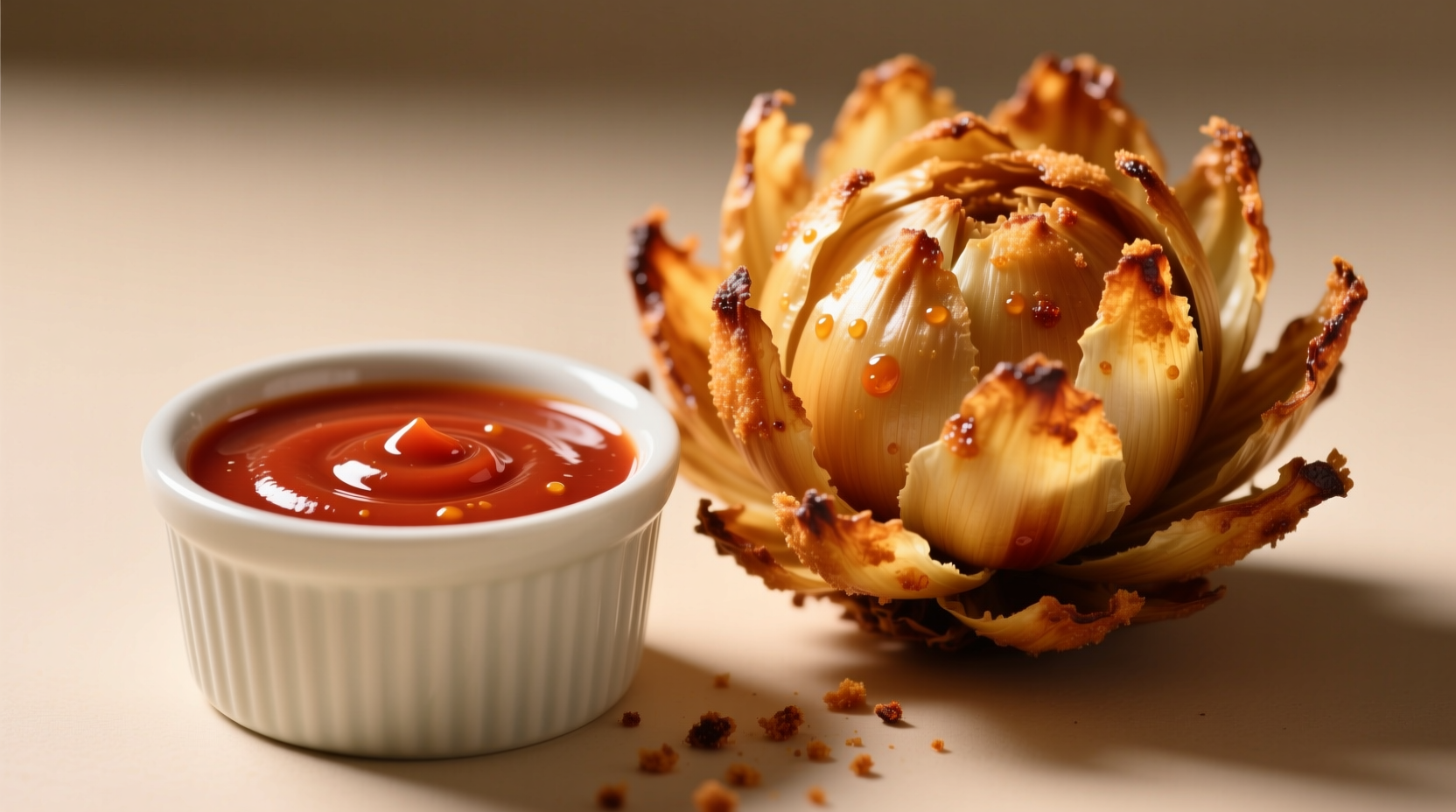 Creamy red dipping sauce in ramekin next to blooming onion