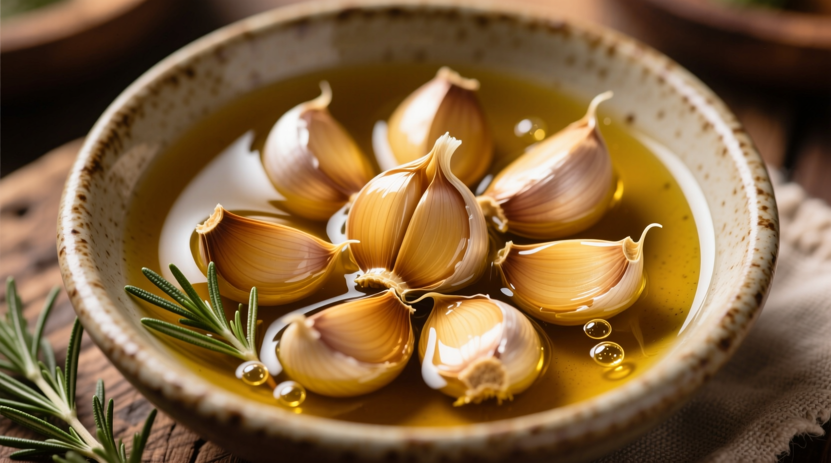 Golden garlic cloves submerged in olive oil