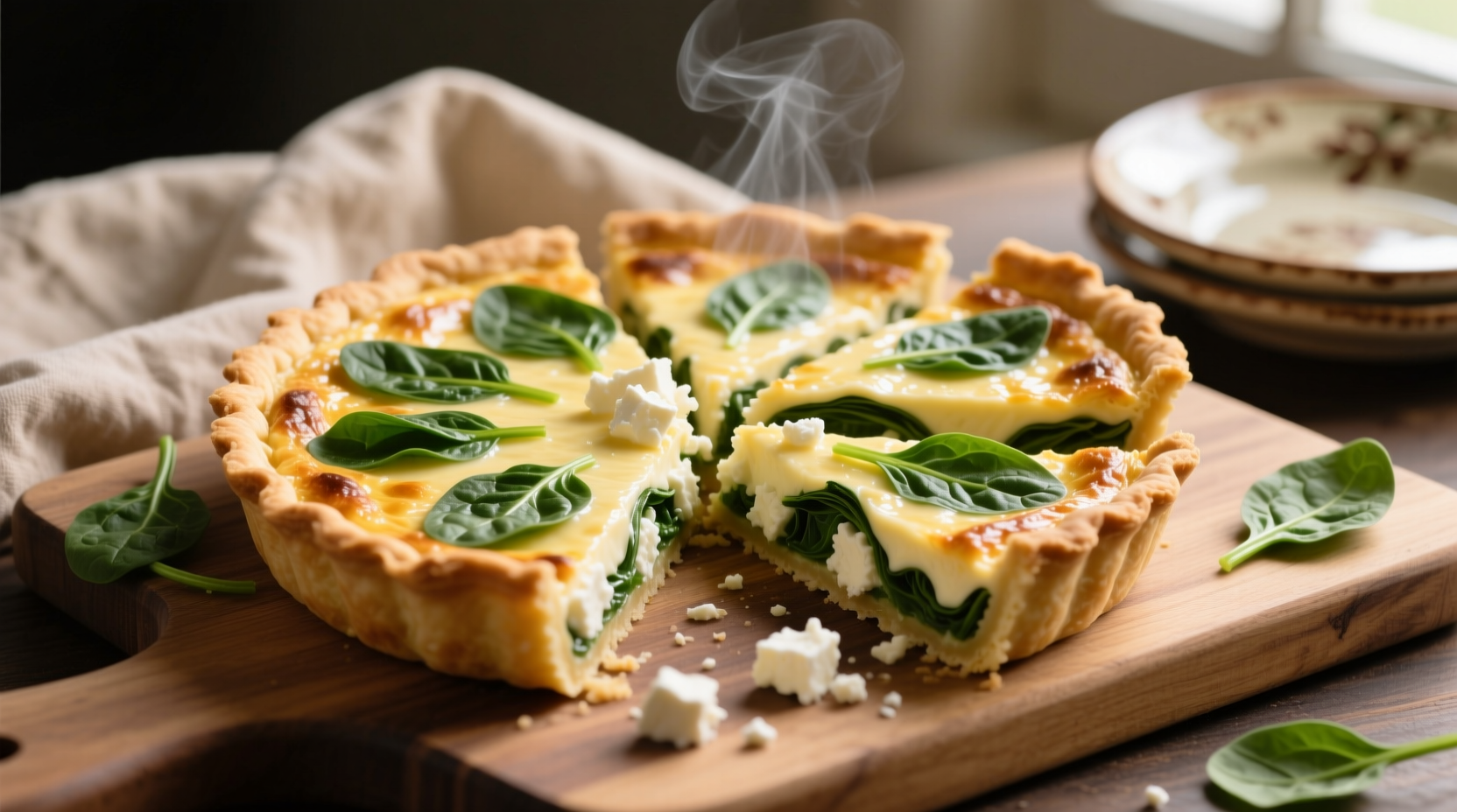 Golden quiche with feta and spinach slices