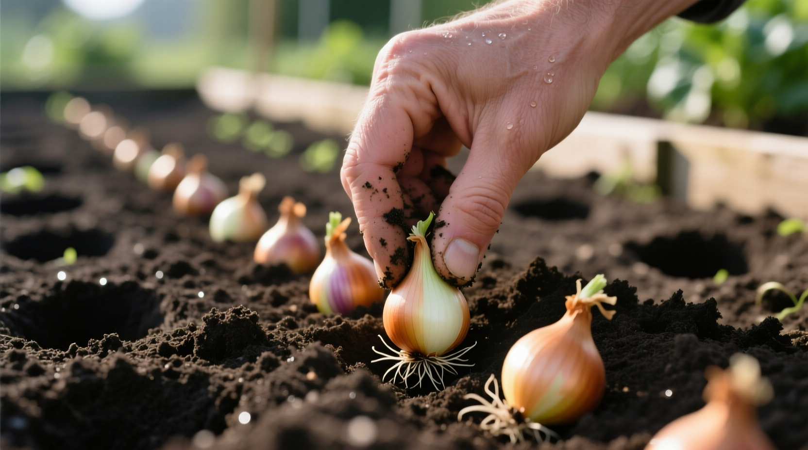Hand placing onion sets in garden soil with proper spacing