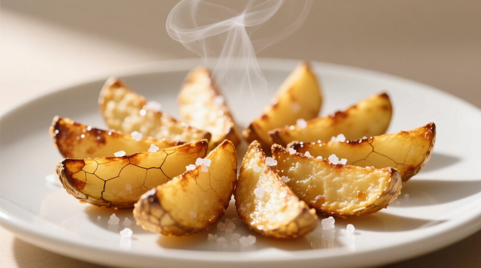 Crispy golden air fried potato wedges on white plate