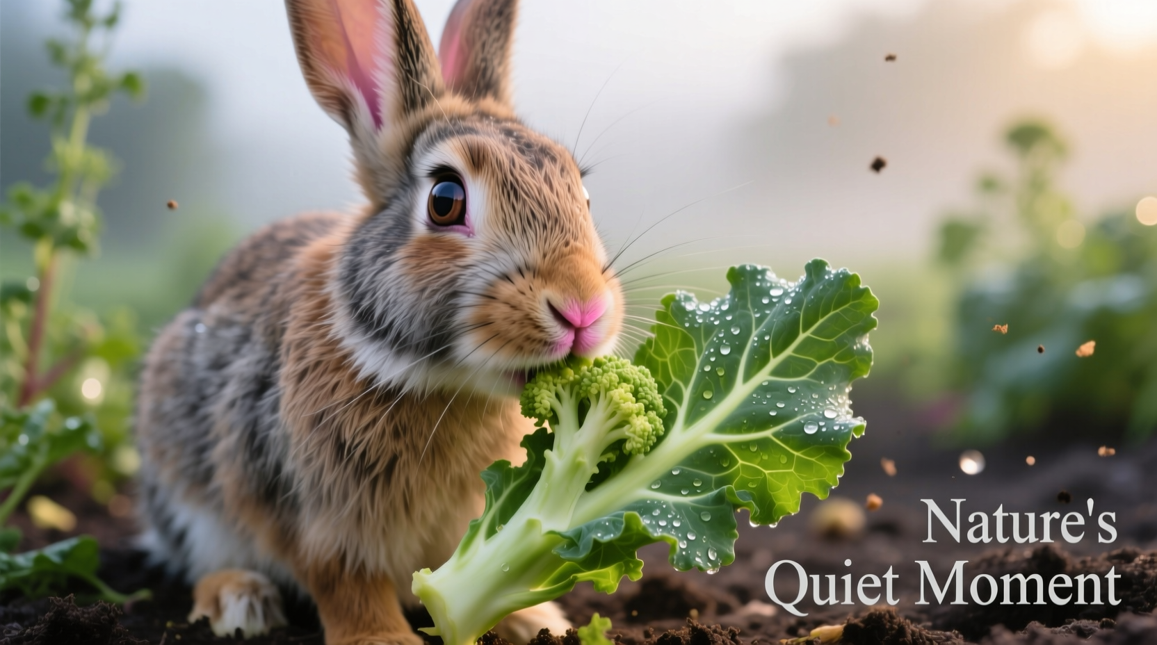Rabbit carefully eating fresh cauliflower leaves