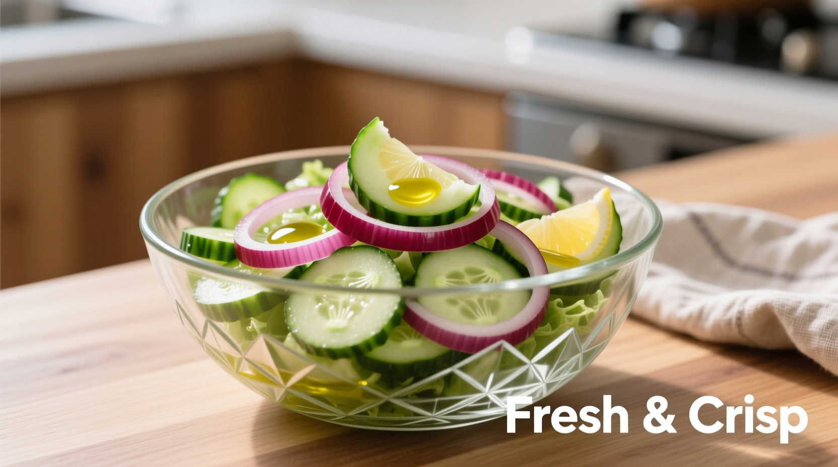 Fresh cucumber and red onion salad in glass bowl