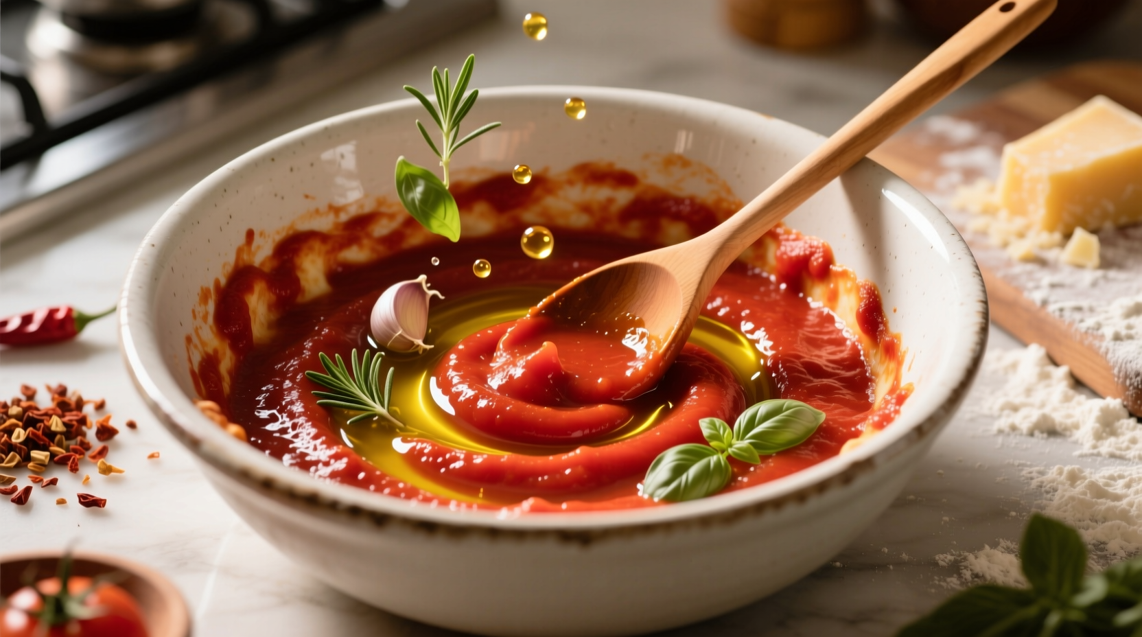 Tomato paste transformed into pizza sauce in mixing bowl