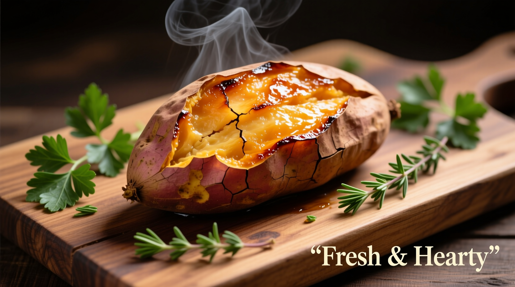 Freshly cooked sweet potatoes with herbs on wooden board