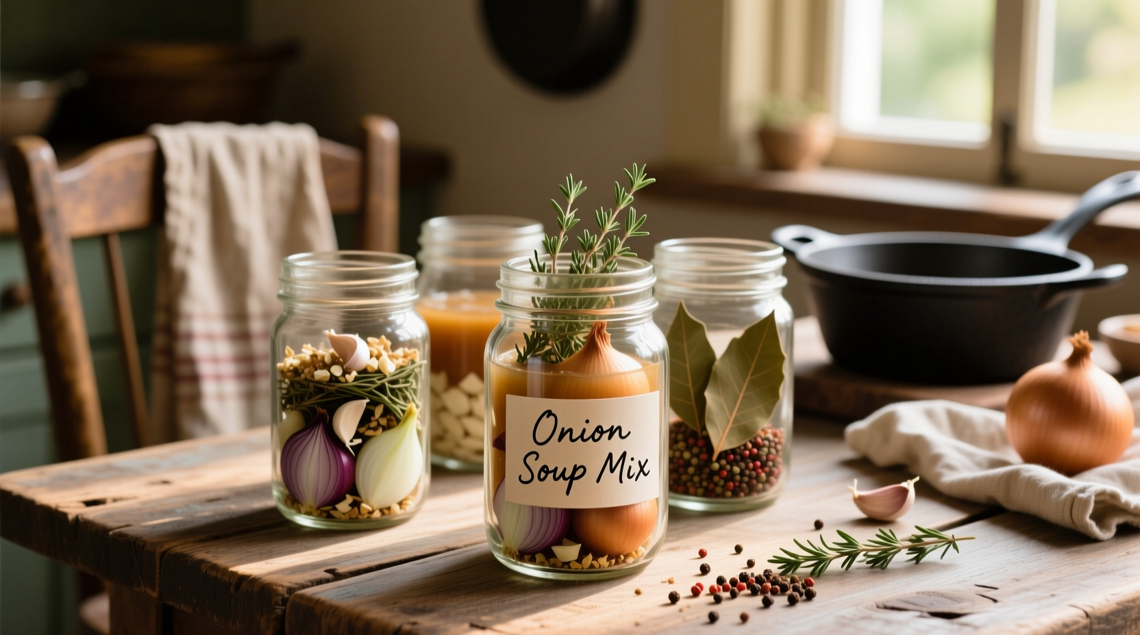 Homemade onion soup mix ingredients in glass jars