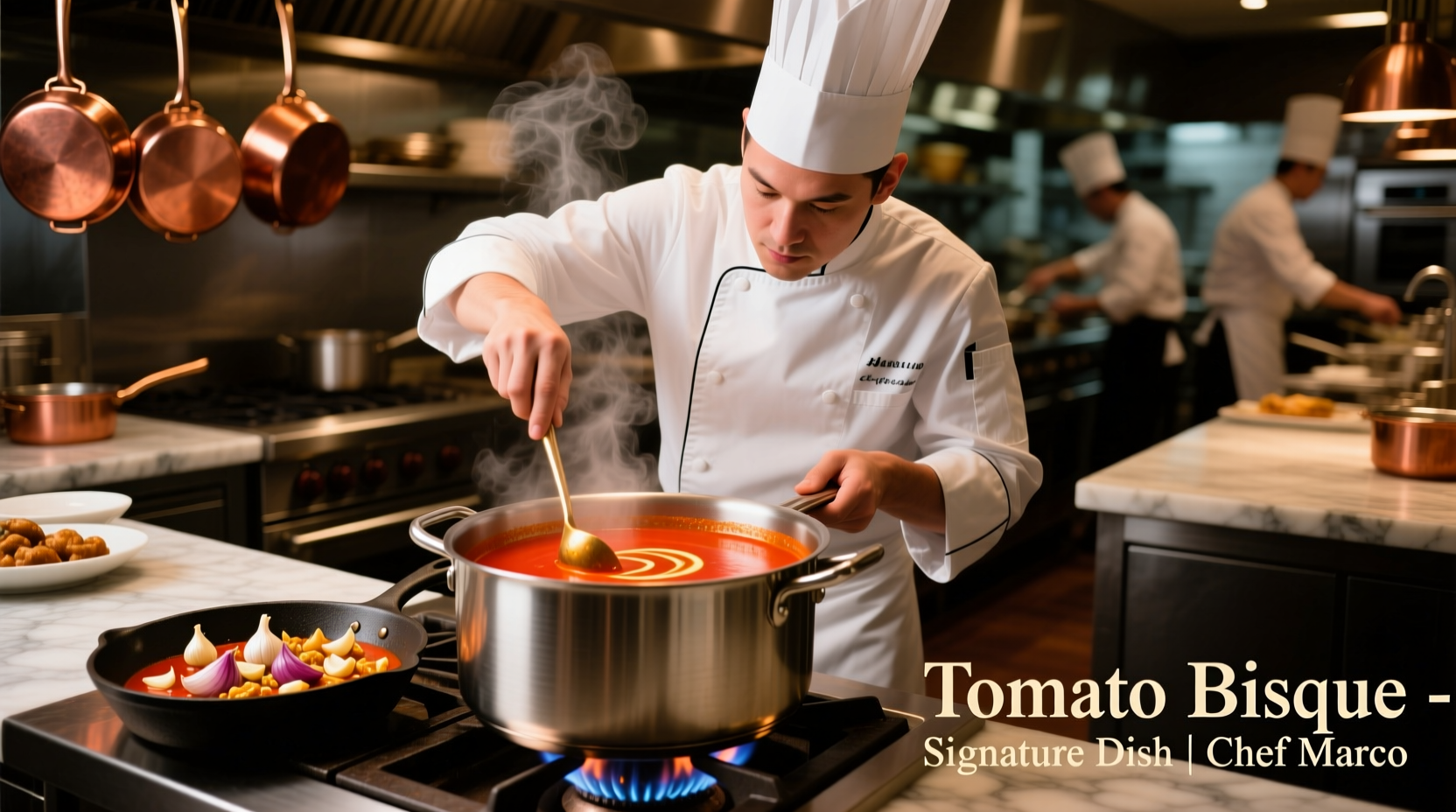 Chef preparing tomato bisque in professional kitchen