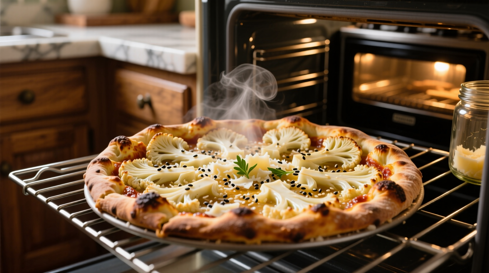 Cauliflower pizza crust baking in oven