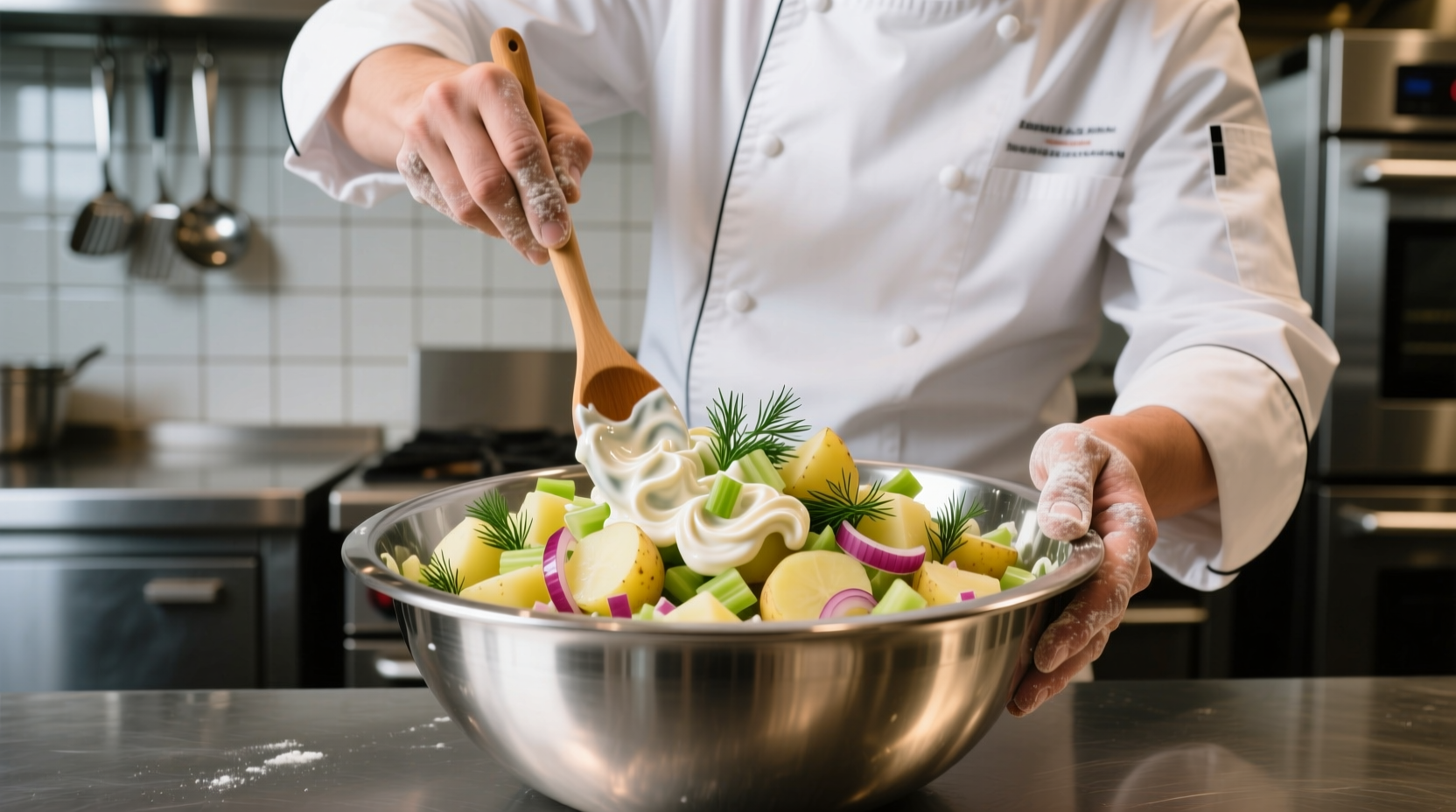 Chef mixing potato salad with creamy dressing in stainless steel bowl