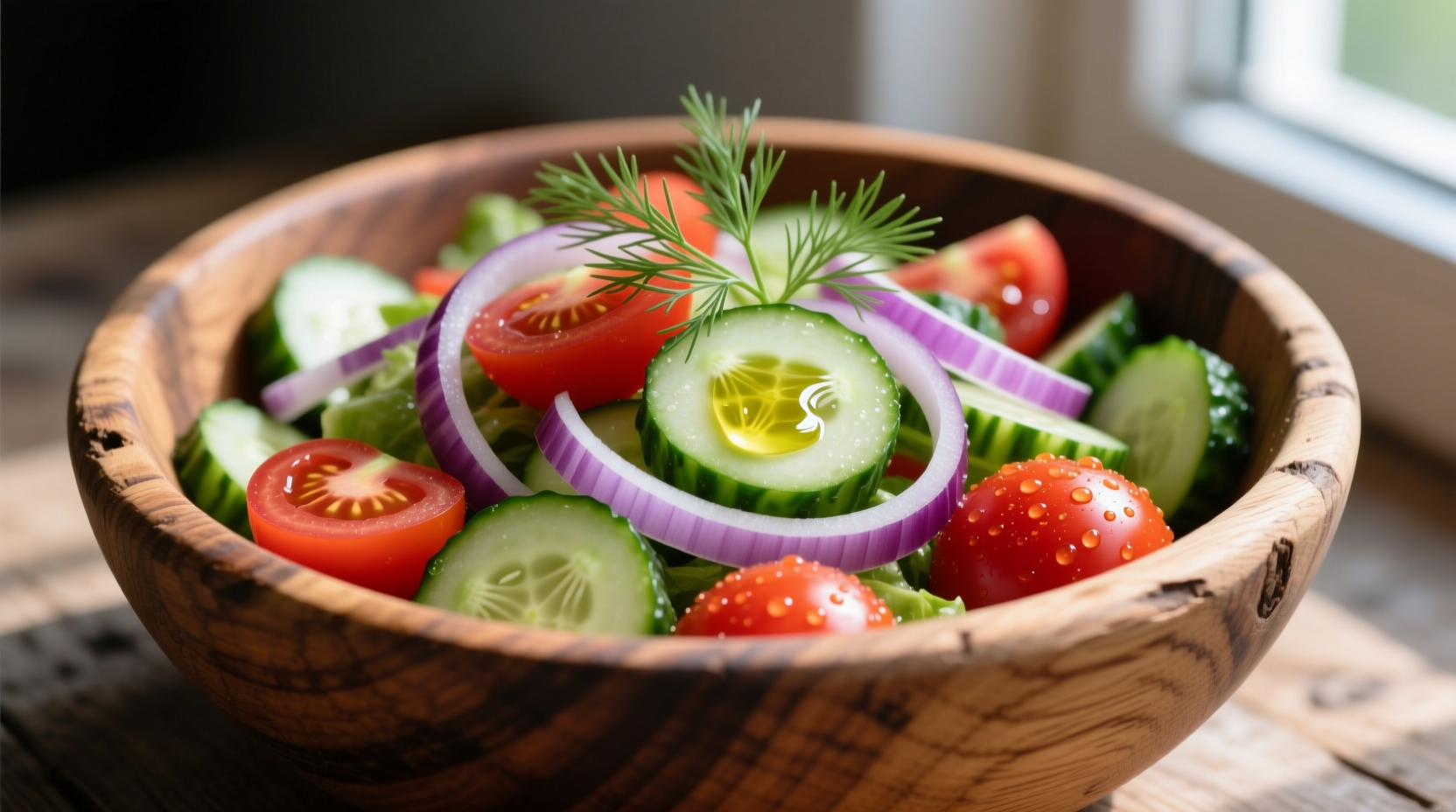Fresh cucumber tomato onion salad in wooden bowl