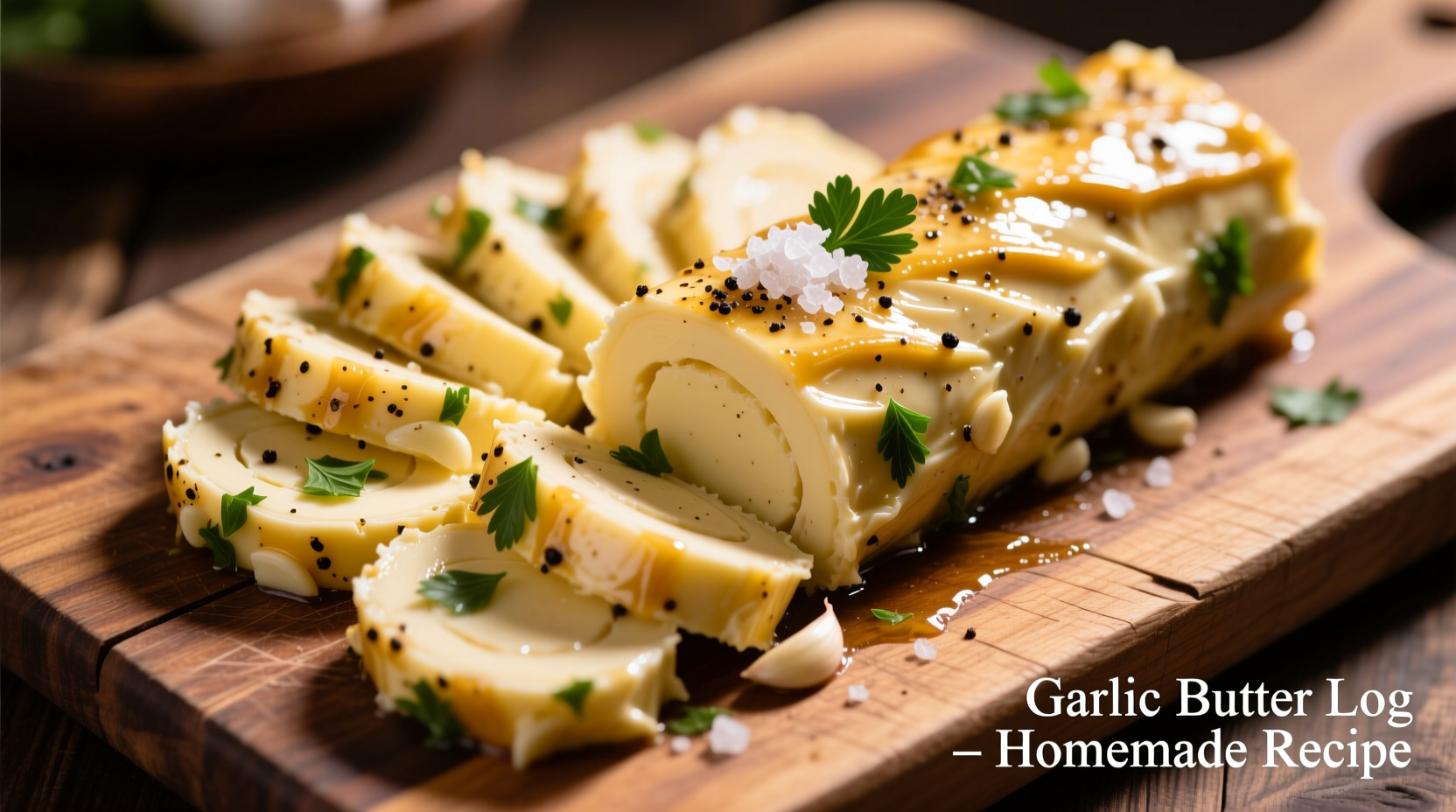 Homemade seasoned garlic butter log sliced on wooden board