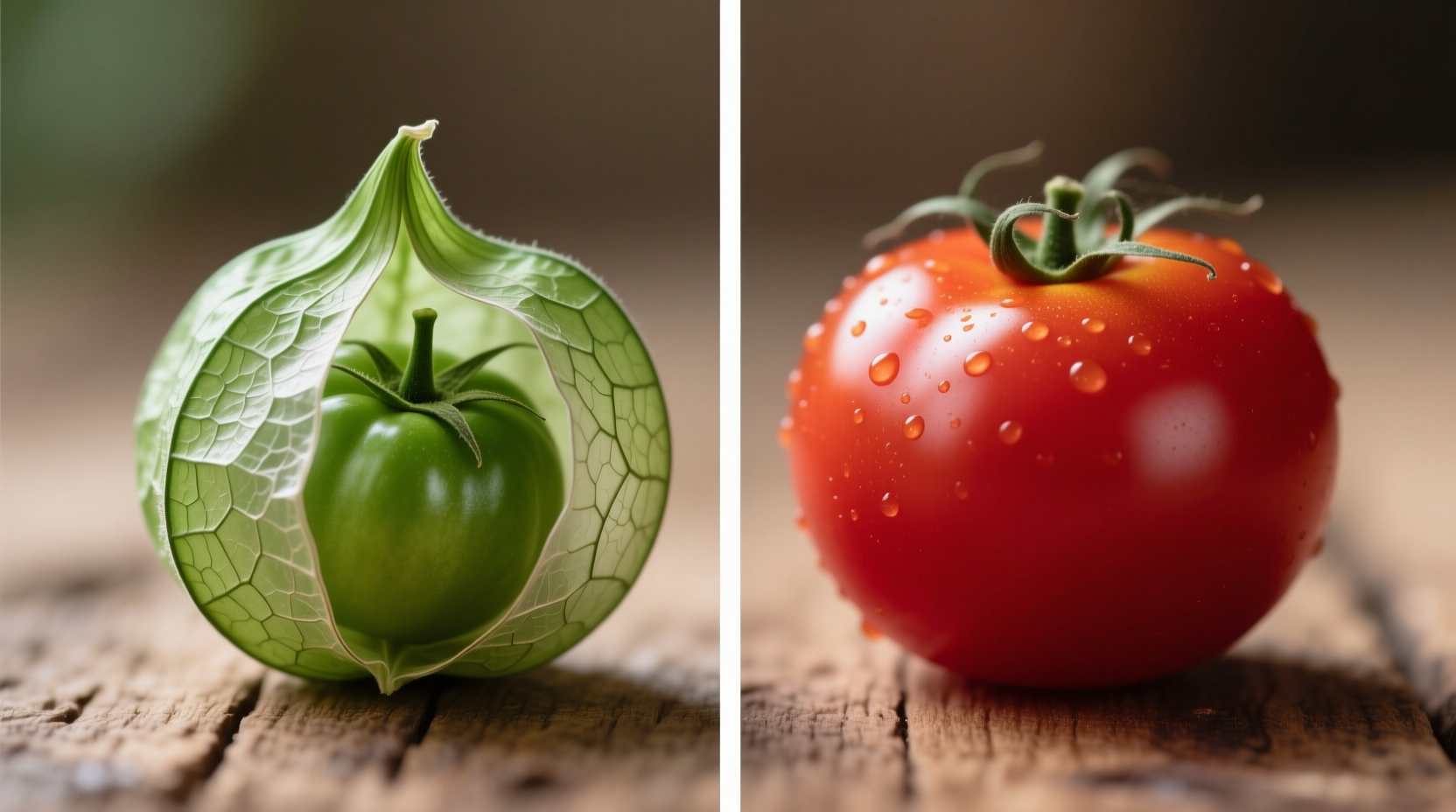 Side-by-side comparison of tomatillo in husk and ripe tomato