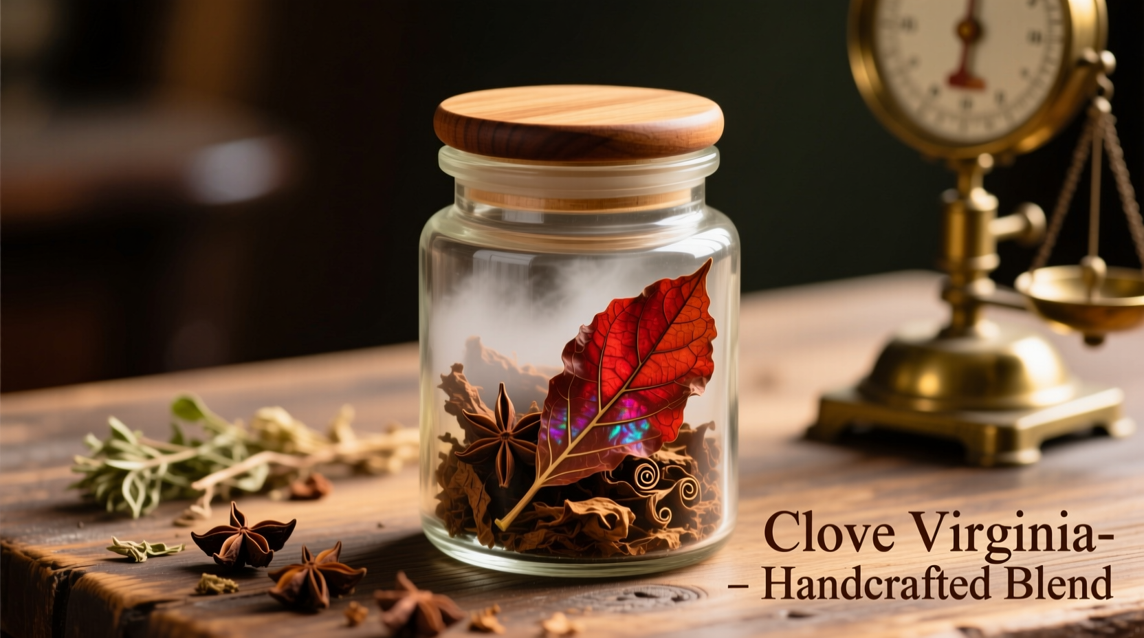 Clove Virginia tobacco blend in glass container showing distinctive reddish-brown leaves