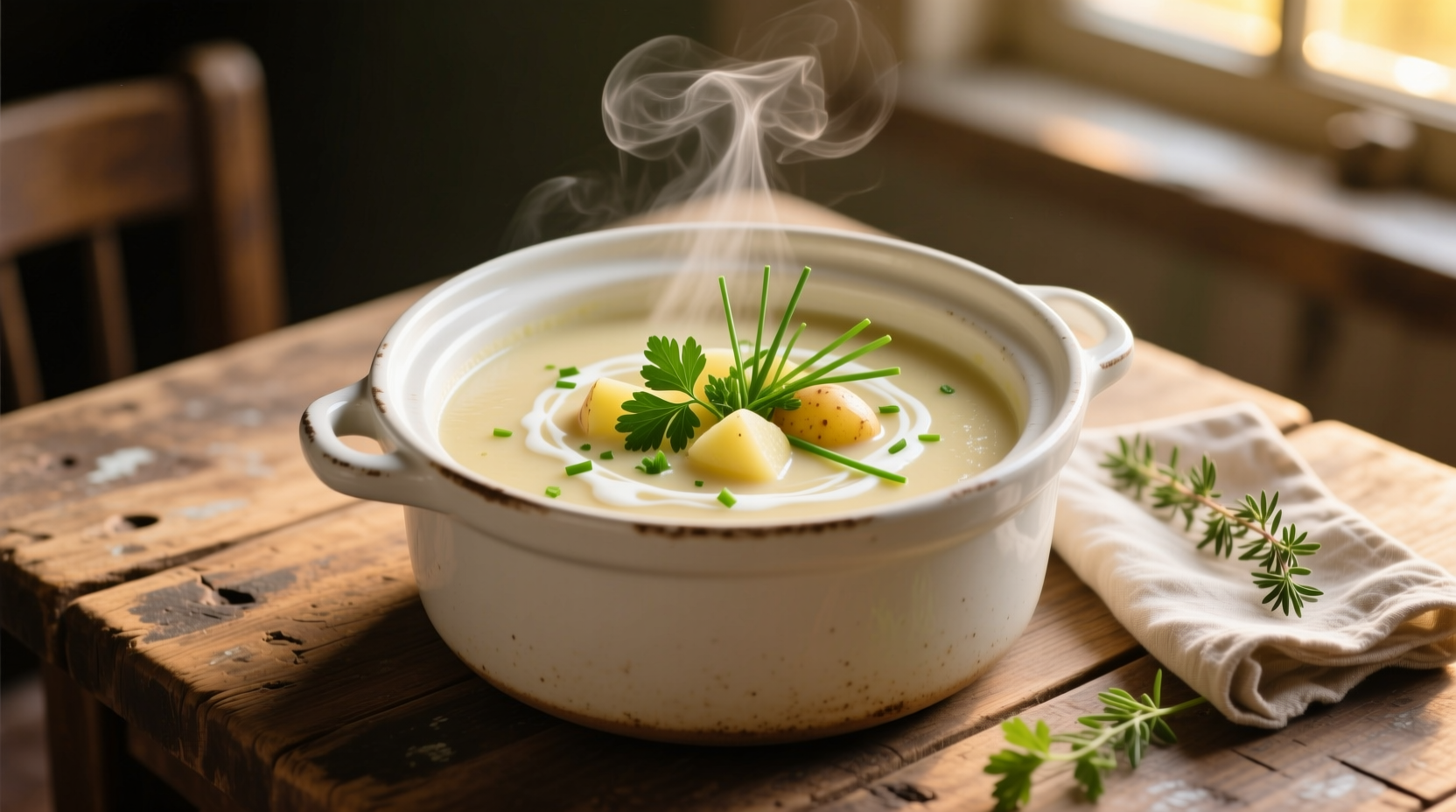 Creamy potato soup in white crockpot with fresh herbs