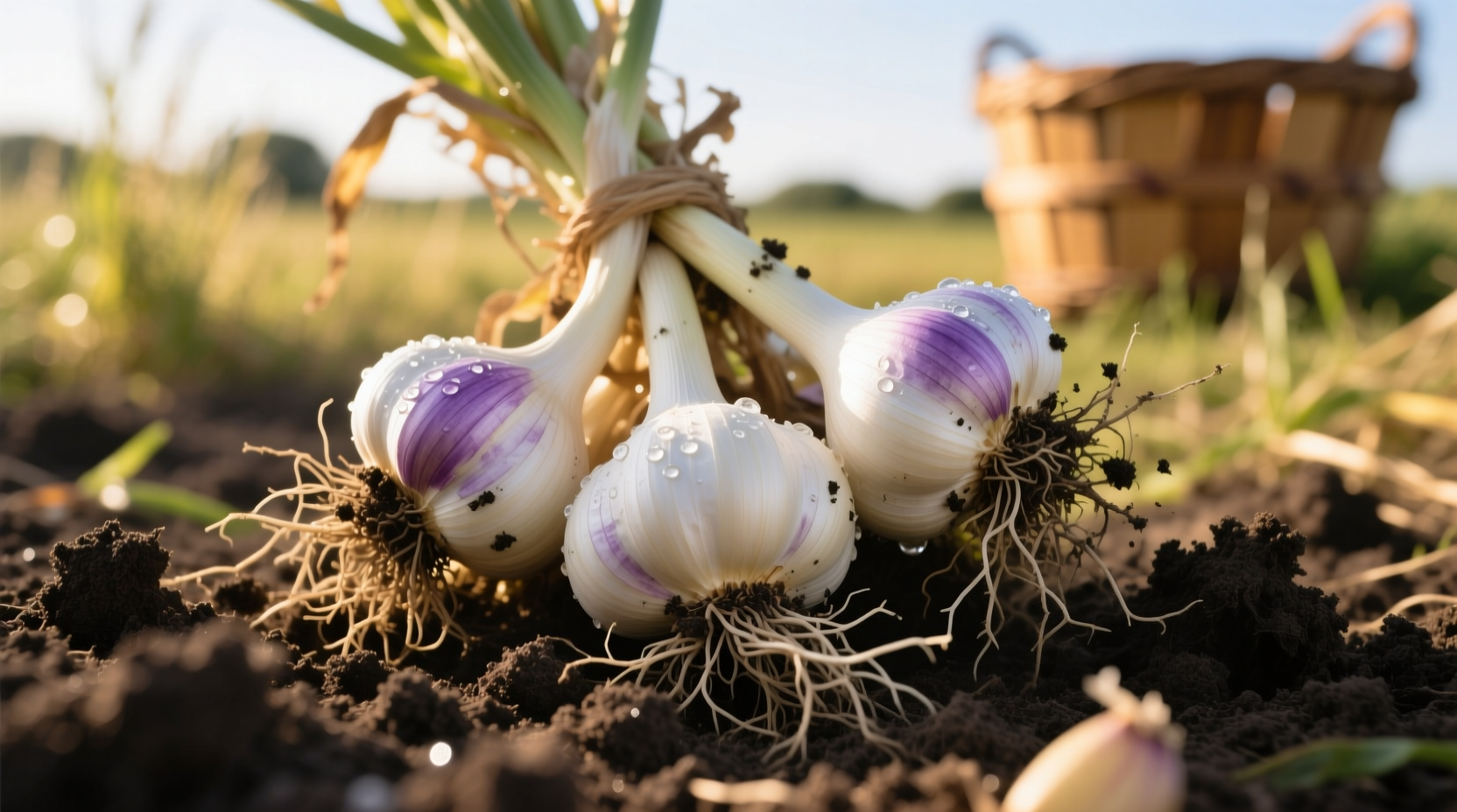 Freshly harvested organic garlic bulbs with soil