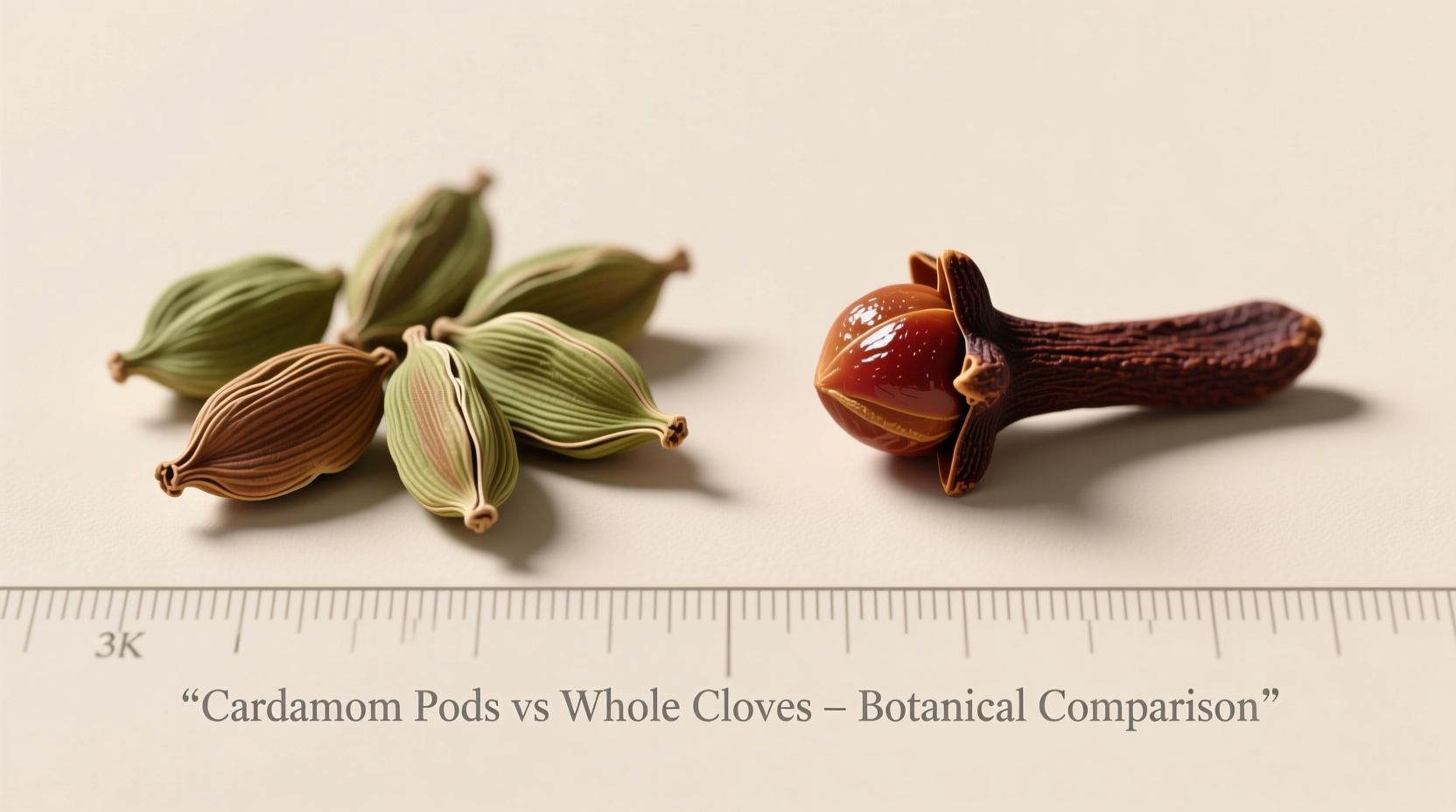 Cardamom pods and whole cloves side by side comparison