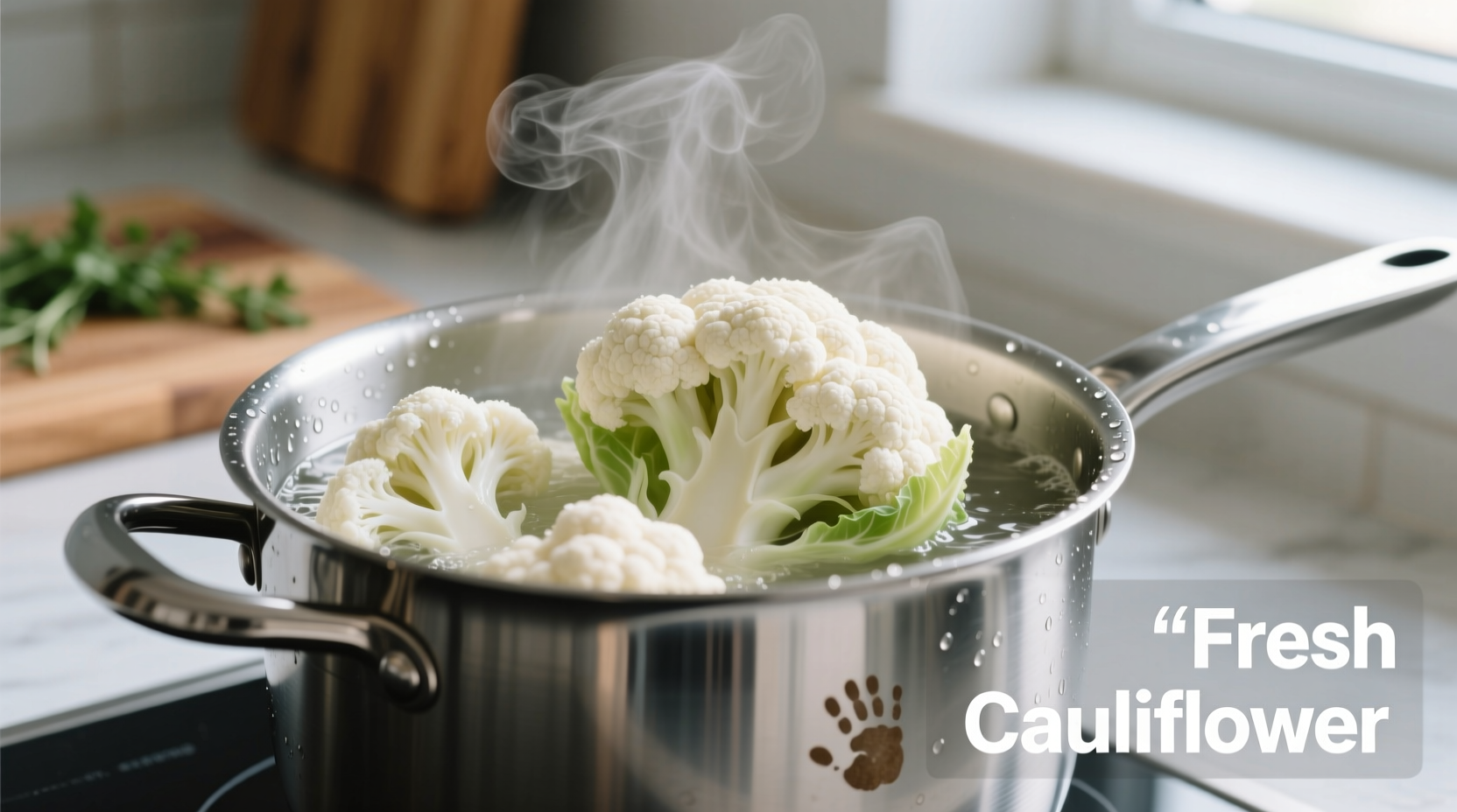 Fresh cauliflower florets boiling in a stainless steel pot