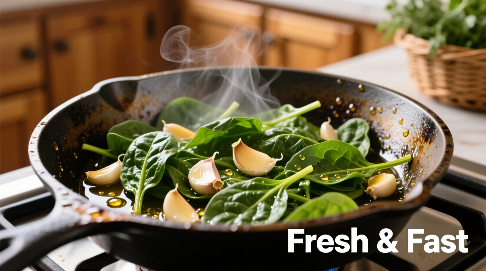 Fresh spinach sautéing in a skillet with garlic