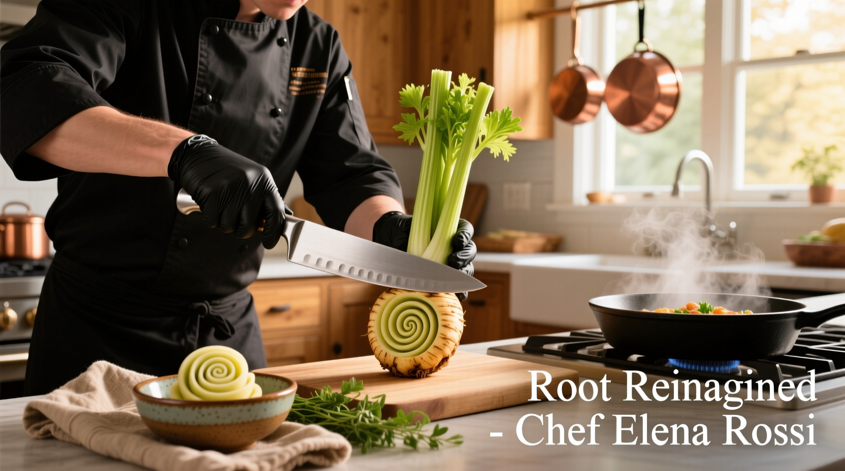 Chef preparing celery root alternatives in kitchen